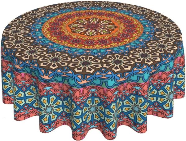 Nappe de Table Bohème Mandala Nappe Ronde 60 Pouce Coloré Indien Boho Table Vêtements Rustique Art Moderne Imperméable Réutilisable Couverture de Table 231115