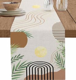 Nappe de table style Boho, feuilles géométriques abstraites, chemins en lin lavables, écharpe de commode, décor de cuisine, salle à manger, fête de mariage