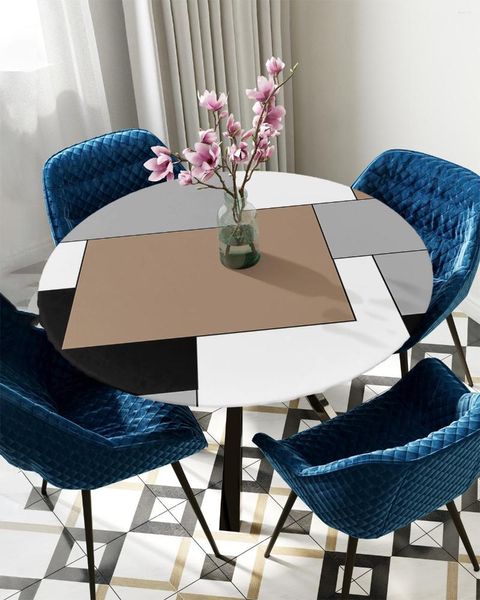 Nappe de Table en Patchwork marron et gris, Art abstrait, ronde, bord élastique, protection, imperméable, rectangulaire, ajustée