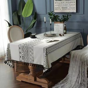 Cuadrado de mesa lienzo boho geométrico cuadrado con borla blanca y negro mantel de bohemia para el hogar comedor café restaurante restaurante decoración de mesa