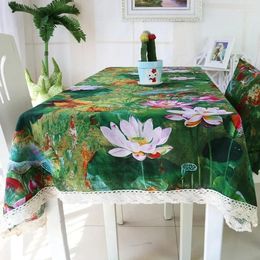Nappe de Table en coton et lin de Style chinois, décoration de Restaurant en dentelle de Lotus vert, accessoires de cuisine anti-poussière