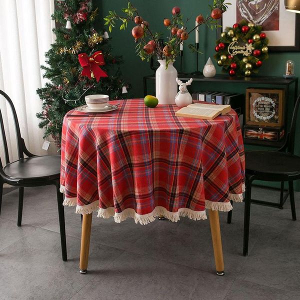 Nappe de Table à café de noël, couverture à carreaux teints en fil, décoration de mariage, de vacances, pompon rond américain pour fête