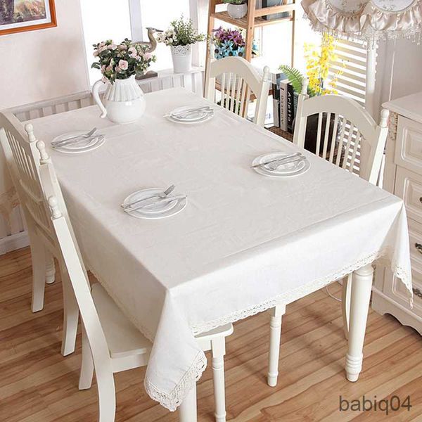 Nappe De Noël Coton Épaissir Solide Nappe Blanc Dentelle Ourlet Lavable Café Dîner Nappe pour Banquet De Mariage R230726