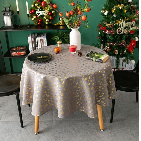 Nappe De Noël Gris Bronzant Rond Flocon De Neige Nappe Coton Lin Cloches Couvre Noël Décoration Cadeaux Pour La Fête À La Maison