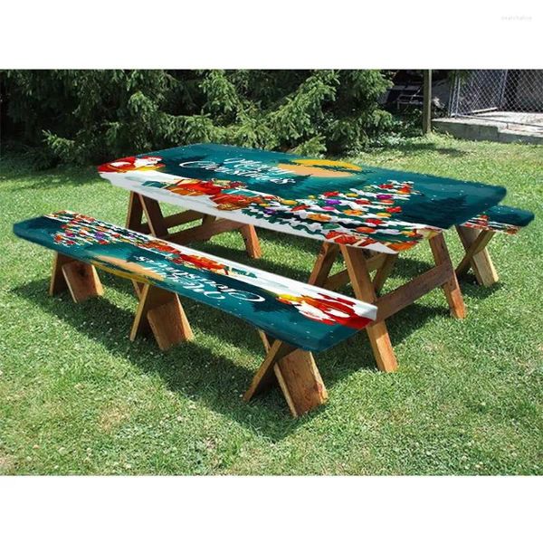 Mantel de mesa, cubierta de Picnic navideña con cubiertas de banco, mantel ajustado impermeable con estampado de estilo, juego de 3 uds para exteriores/barbacoa/Camping