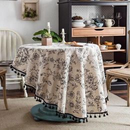 Mantel de algodón y lino Circular negro borla peonía a prueba de polvo Floral mantel redondo para cocina comedor Decoración de mesa