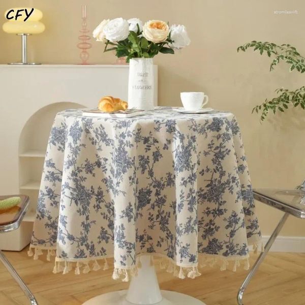 Nappe ronde en coton et lin, bleu coréen, petits glands floraux, pour couverture de Tables basses