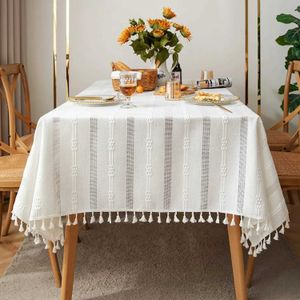 Table en coton coton lin rétro norme décorative blanche rurale avec glissière rectangulaire à glands couvercle avec décoration de serviette 240426
