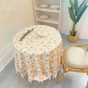 Nappe de table en coton et lin avec glands, couverture ronde brodée de fleurs de Style campagnard pour salle à manger, mariage, anniversaire