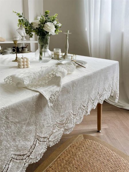 Mantel de mesa de algodón con bordado blanco, mantel de flores de encaje para decoración del hogar, decoración para fiesta de boda, cubierta lujosa