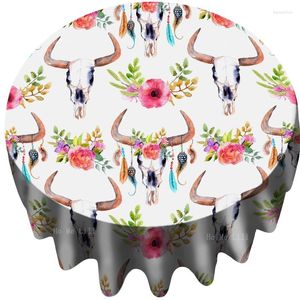 Table de table de vache crânes avec des cornes plumes et des fleurs roses sur une tribu Huichol Mexico Art imprimé tissu rond nappe