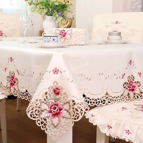 Mantel de mesa, mantel de comedor, cubierta redonda de satén Beige, silla rosa bordada de lujo de Europa, decoración del hogar a prueba de polvo