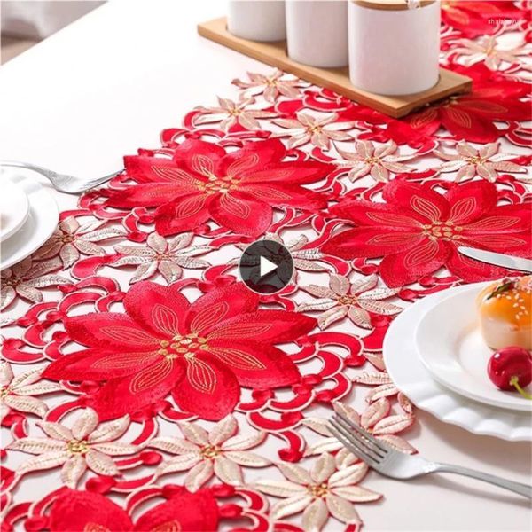 Mantel de mesa de doble grosor rojo rústico calado bordado Floral Runners adornos navideños de alta calidad para el comedor del hogar