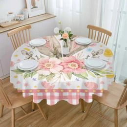 Nappe de pâques rose à carreaux, oreilles de fleurs, imperméable, décoration de mariage, maison, cuisine, salle à manger, ronde