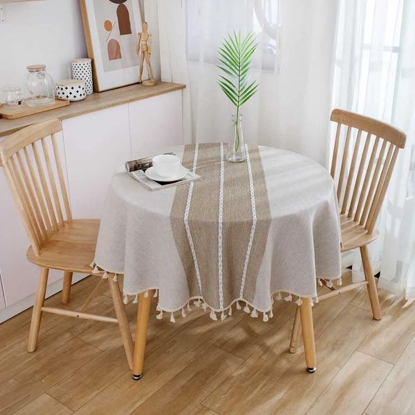Nappe de Table ronde en coton et lin rayé gris kaki, 150cm, décoration artistique pour la maison, Style japonais, avec pompon, 231009