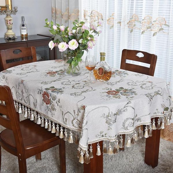 Mesa Tabla Elegante Chenille Chenille Beige Mataje ovalado para decoración de comidas Matrimonio Ropa de alta calidad con borlas