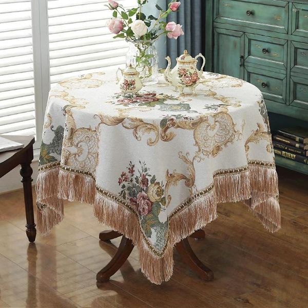 Nappe de table européenne rétro nappe à manger avec gland Jacquard tissu anti-poussière couverture de salle à manger décoration de broderie à la maison