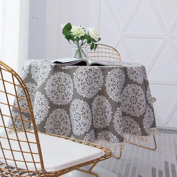 Nappe de table ronde en coton et lin gris de style européen, avec pompons élégants de haute qualité, couverture décorative imprimée pour salle à manger