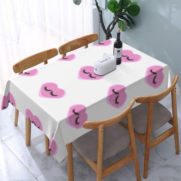Pestañas de mantel en un mantel de corazón rosa Pastel Rectangular ajustado a prueba de aceite cubierta linda de dibujos animados para comedor