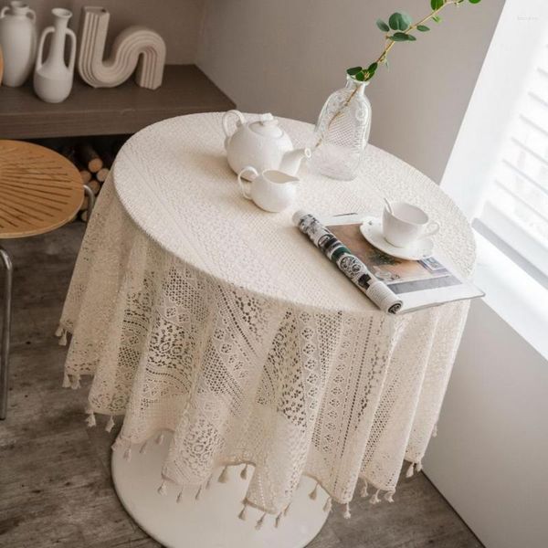 Nappe en tissu avec glands Style rustique évider sans pli Dec Round Farmhouse Dining Cover Room Supplies