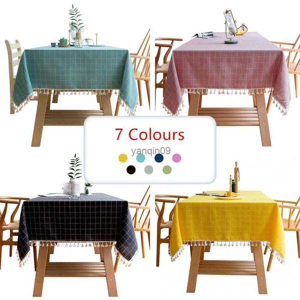 Mantel de moda Diseños de cuadrícula caliente Mantel de lino decorativo sólido con borlas Rectangular Cubierta de mesa de comedor de boda Mantel de mesa de té HKD230818