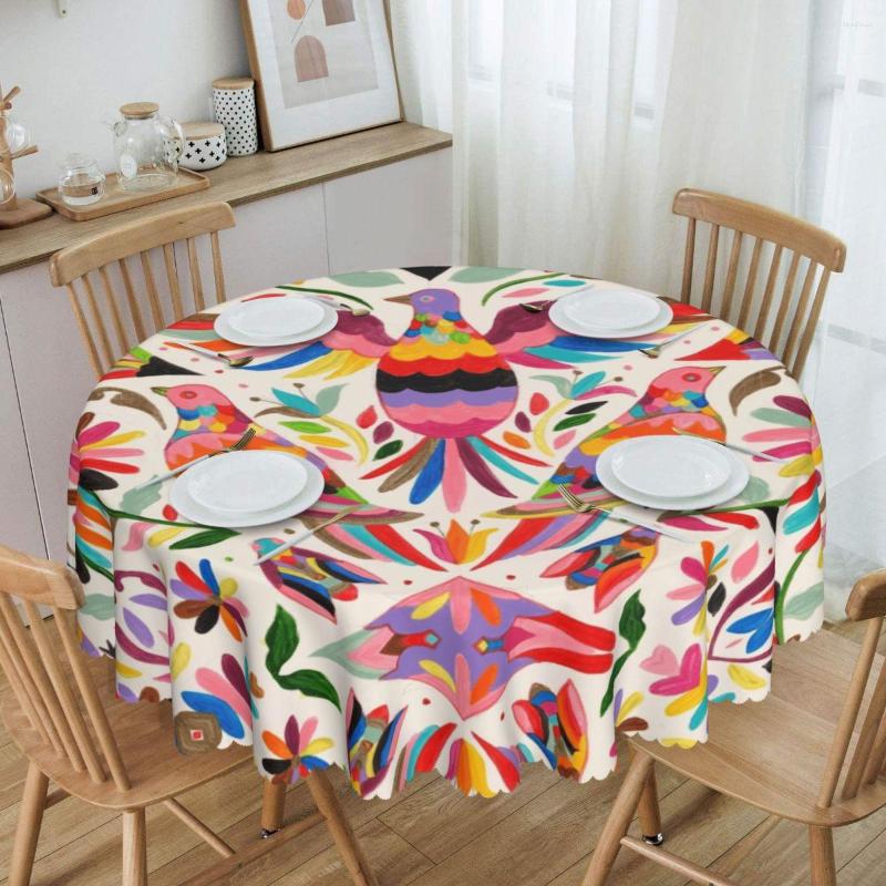 Table Cloth Fashion Mexican Otomi Birds Texture Tablecloth Round Oilproof Folk Floral Art Cover For Party 60 Inch