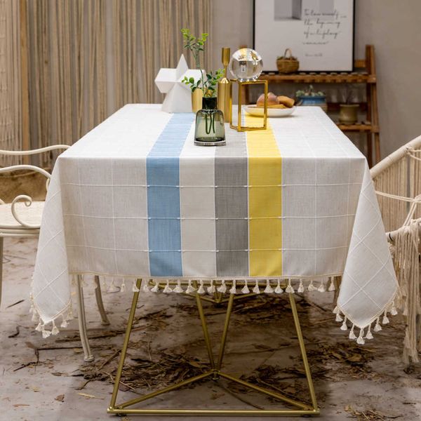 Mantel Diseños de rayas de moda Lino decorativo sólido con borlas Cubierta de mesa de comedor de boda rectangular Mantel de té R230605