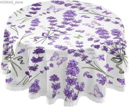 Nappe de table florale lavandes nappe fleurs violettes papillon nappes rondes couverture lavable table pour fête pique-nique salle à manger décor Y240401