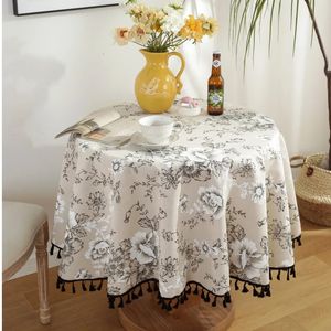 Nappe de Table en lin et coton, motif Floral, avec pompon, rétro, couverture de table ronde, pour salle à manger, thé, 231020