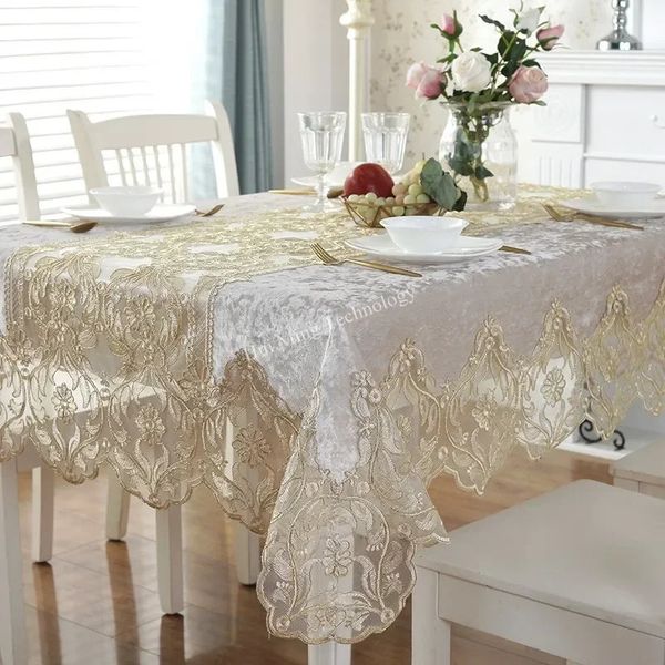 Nappe de table en velours doré et argenté, Europe, luxe, brodée, couverture de table à manger, nappe rectangulaire, housse anti-poussière pour armoire en dentelle, 240220