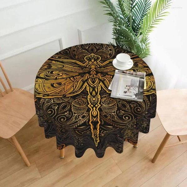 Table en tissu libellule doré Mandala Round Polyester Cuisine Cuisine Couverture de tissu élégant décoratif