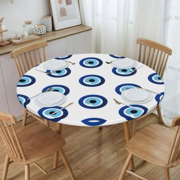 Table de table grec grec mal œil nappe hamsa ronde rond à l'huile élastique nazar amulette boho charme couverture pour la cuisine