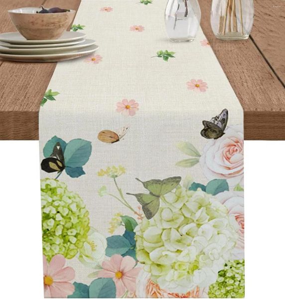Mantel verde hortensia flores mariposa lino corredor vestidor bufandas decoración cocina comedor boda fiesta