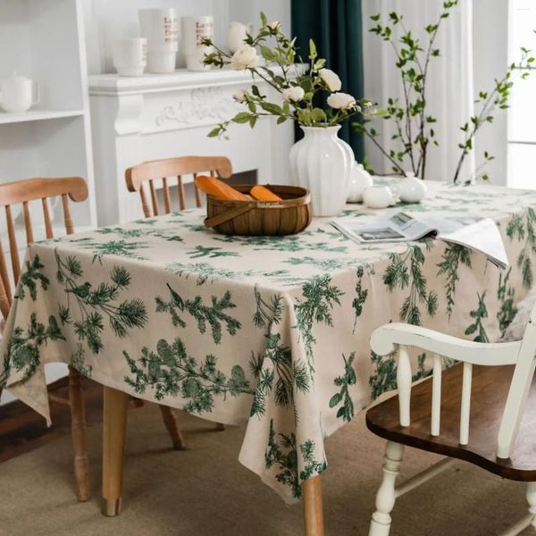 Nappe de table imprimée branches de pin vert, nappe de noël rectangulaire en coton et lin, couverture de salle à manger, linge de cuisine, décoration de la maison