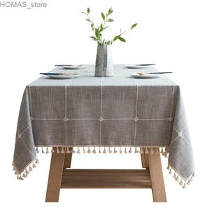 Nappe de table grise grande nappe carrée brodée à pompons en coton et lin anti-poussière pour table de cuisine, salle à manger, décoration de table Y240401