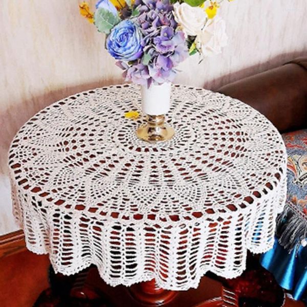 Nappe de table crochetée à la main vintage en dentelle ronde blanche en relief design matériau doux idéal pour chambre à coucher, salon, salle à manger