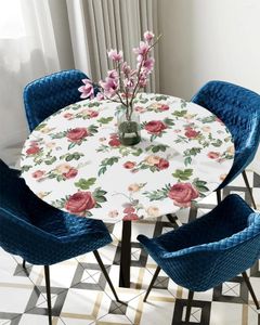 Nappe ronde rétro avec plantes et fleurs roses peintes à la main, couverture élastique, imperméable, accessoire de décoration de salle à manger