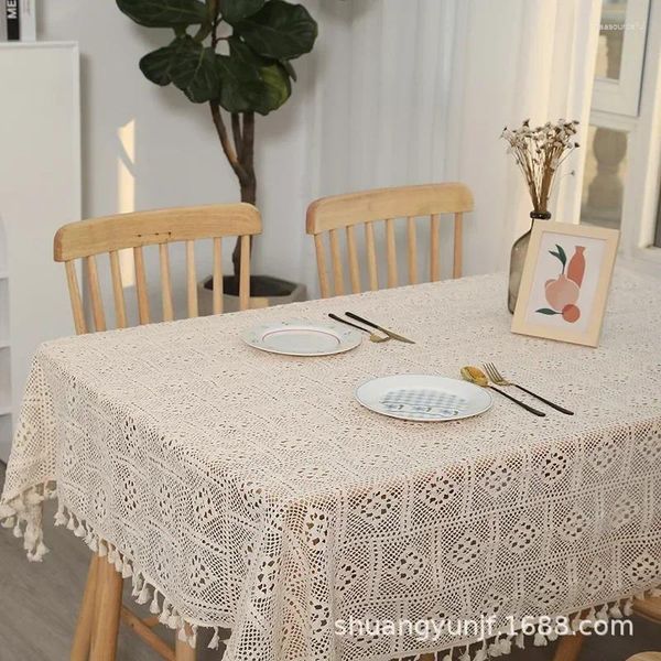 Mesa de tela de mesa Tassel vintage algodón y lino comedor decoración de sala de estar pastoral encaje hueco mantel nórdico a prueba de colores