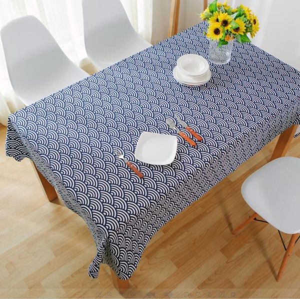 Nappe Style Japonais Mer Vague Bleu Foncé Motif Géométrique Coton Et Lin Nappe Couverture Sortie Antependium