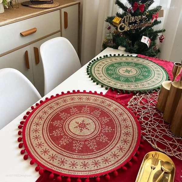 Nappe de Table en Jute, napperon tissé de noël, tapis isolant en boule de laine imprimée, serviette rétro décorative en coton et lin