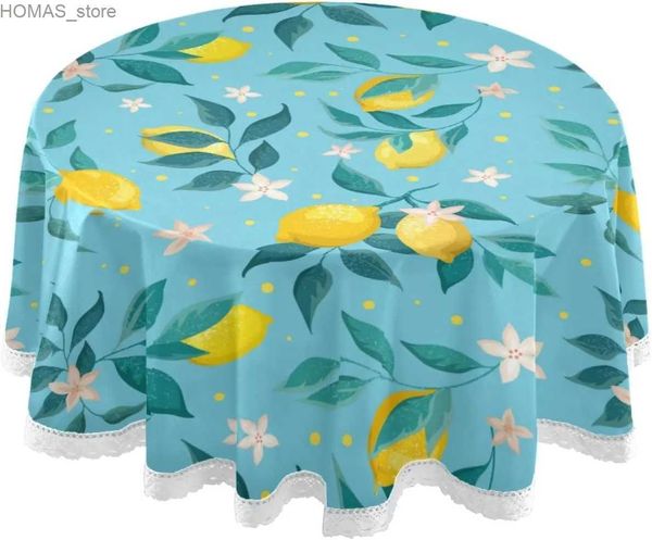 Couche de tissu citrons feuilles de nappe ronde bleue 60 pouces couvercle de table en polyester lavable pour la cuisine des fêtes de vacances décor de table y240401