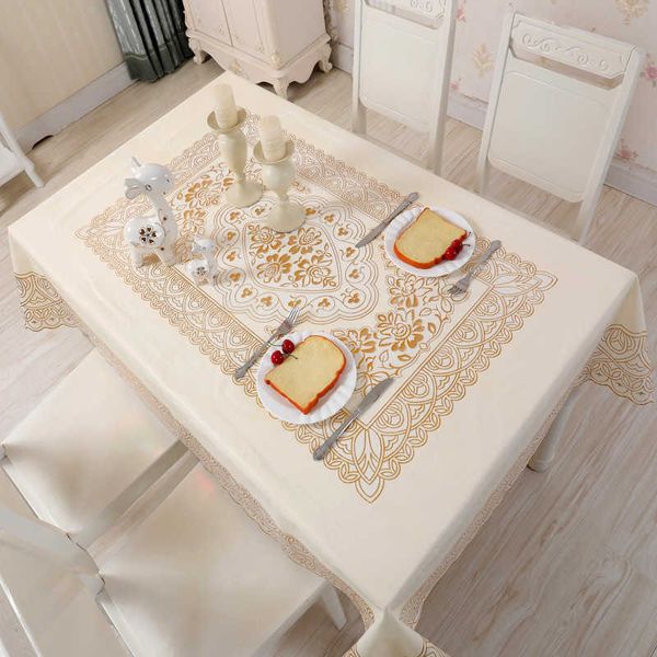 Nappe de luxe rectangulaire imperméable à l'huile, en plastique, fleurs dorées, impression, tapis de Table R230605