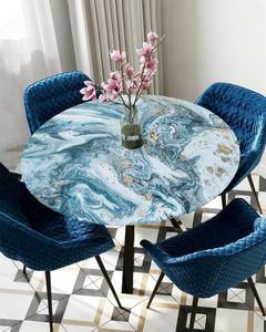 Nappe de table en marbre bleu et or abstrait, couverture ronde à bords élastiques, protection imperméable en Polyester, nappe rectangulaire ajustée