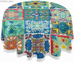 Tafelkleed Mexicaanse Talavera Buiten Tafelkleed 60 inch Waterdichte ronde tafelkleed voor achtertuin Party BBQ Decor Dining Tafel Decoratie Y240401