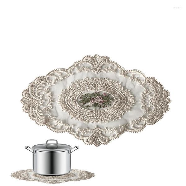 Mantel de mesa, estera de lugar neutral para cenar, posavasos de ganchillo, esteras, plato de tazón de vidrio de encaje de algodón ovalado