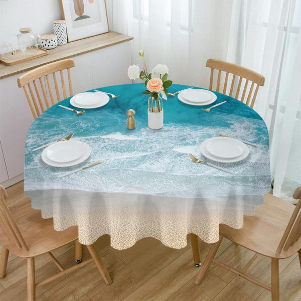 Nappe de Table ronde avec vagues de plage océan, couverture de dîner de cuisine de fête, décor de vacances, nappes imperméables