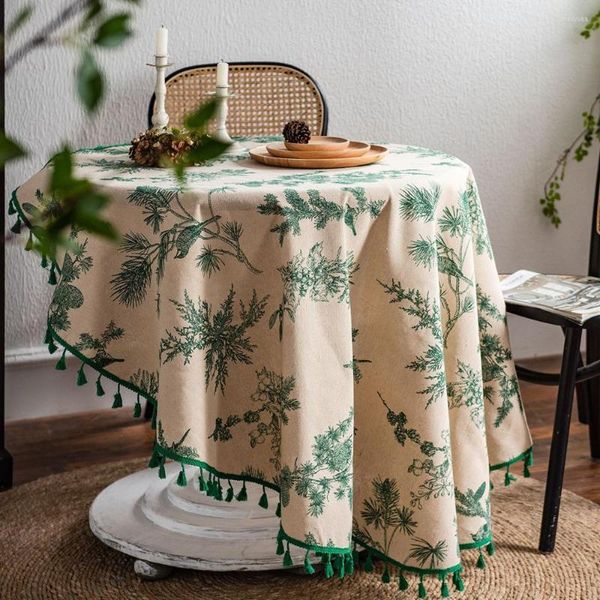 Nappe de table ronde en coton et lin imprimé vert pastoral, décor de fête de vacances et de mariage, décoration de nappe de café