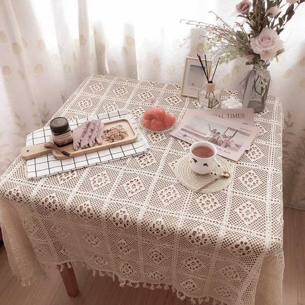 Nappe de table creuse en dentelle au crochet de style pastoral pour cuisine, décoration de salle à manger de mariage, couverture de table ronde R230605