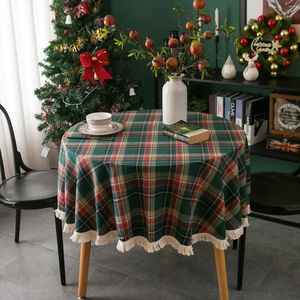 Tafelkleed Geruite Kwastjes Kerstdecoratie Tafelkleed Rond Geweven Polyester Katoen Rood Groen Hoes Voor Thuis Feest Diner Decor