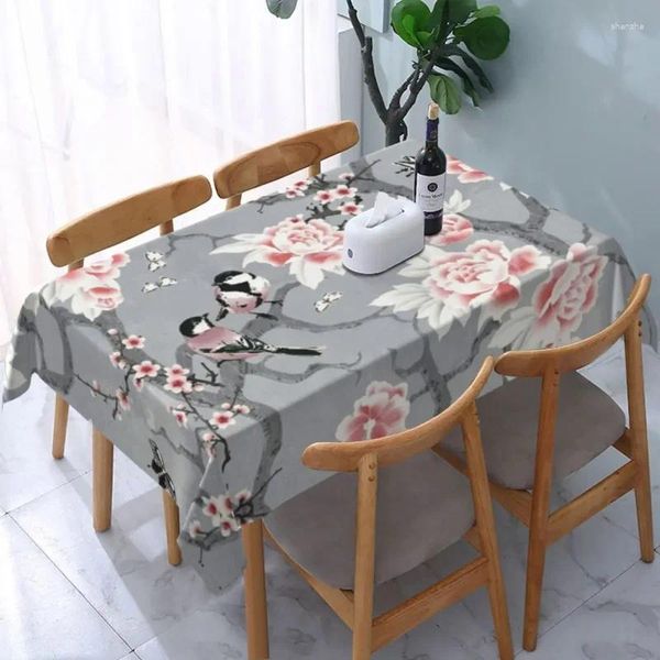 Nappe rectangulaire ajustée avec motif papillon chinois, oiseaux en gris, résistante à l'huile, avec bord élastique